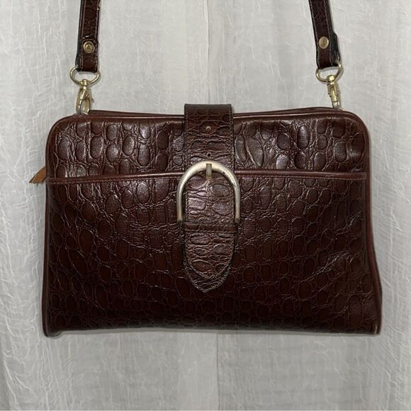 Matt Bags Croc Print Pebbled Chestnut Brown Genuine Leather Crossbody Bag
